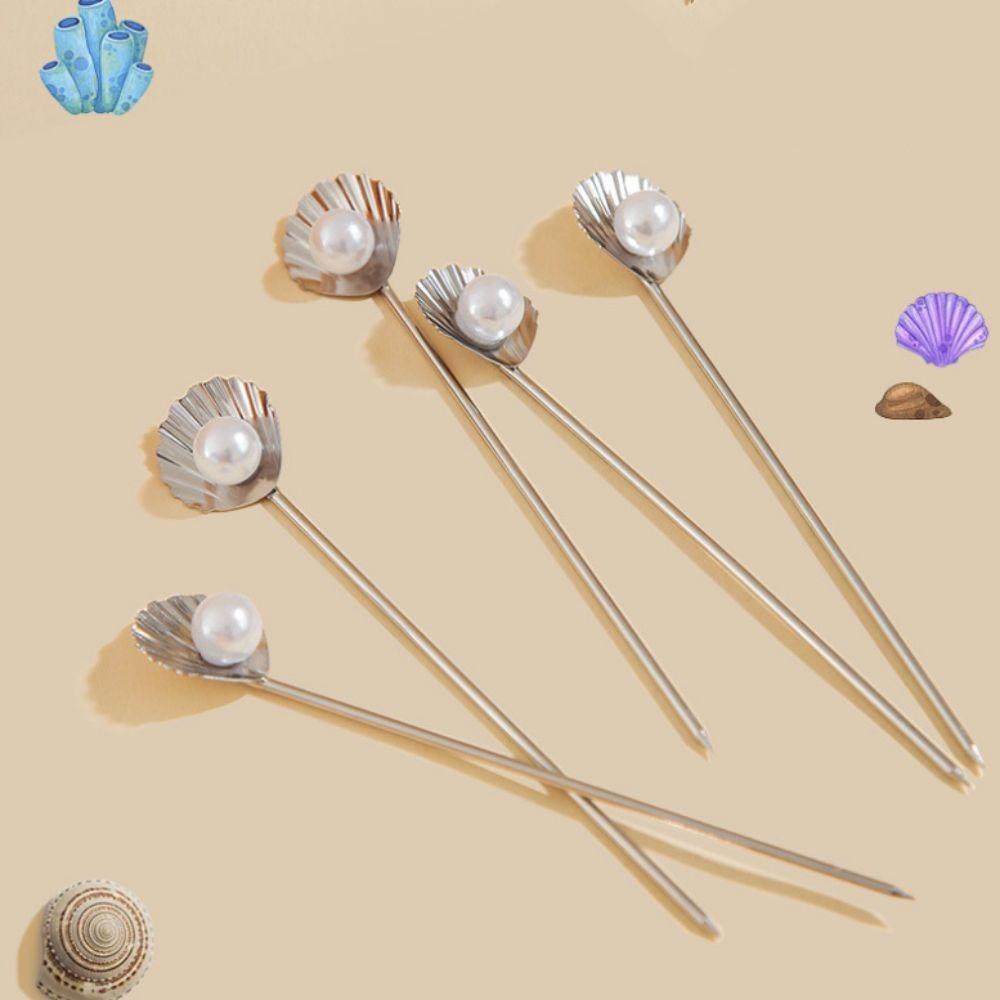 4Pcs 304 Stainless Steel Fruit Stick Shell Pearl Design Wine Needle Cocktail Pick Bar