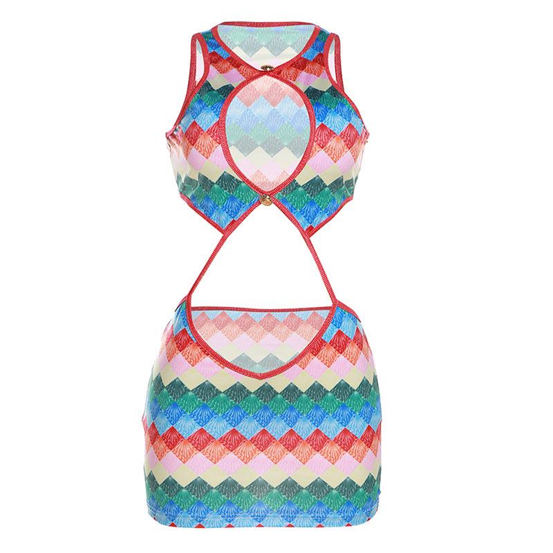 Women Fashion Casual Sleeveless Round Neck Mini Dress Multi-Color Abstract Print Hollow Out Casual Dress