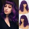 Dark Purple Women Fashion Shoulder Length Wavy Bob Wig with Bangs Synthetic Fiber Daily Wear Cosplay Short Wavy Wig