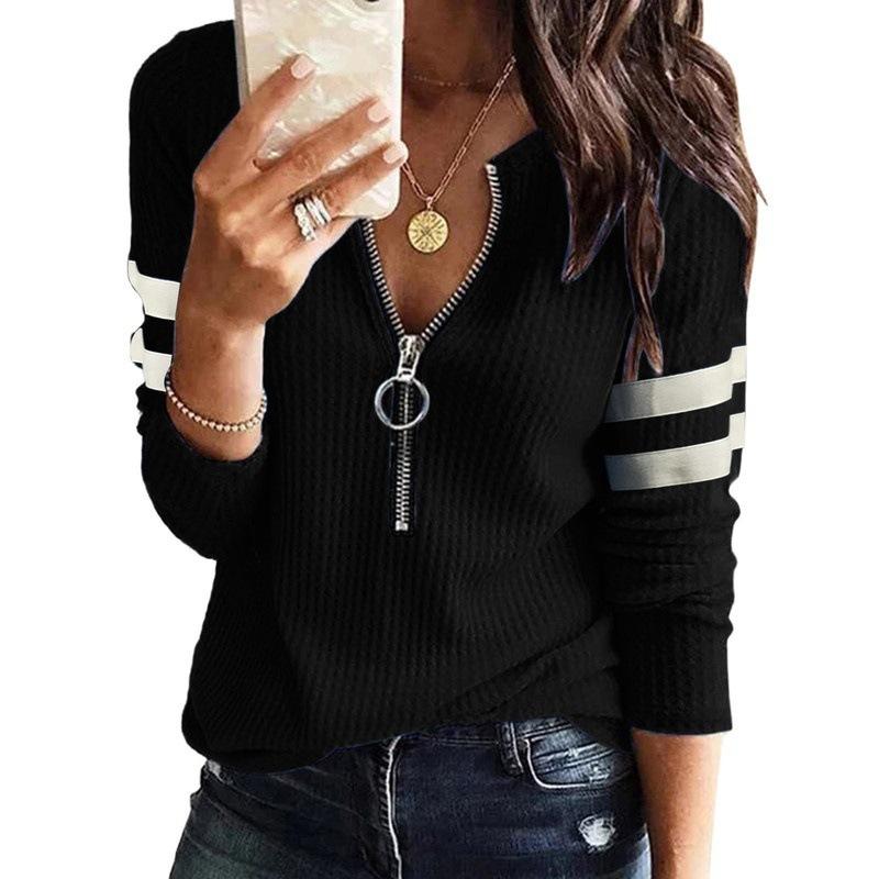 Women's Long Sleeve Zip V Neck Knit Plus Size T-Shirt
