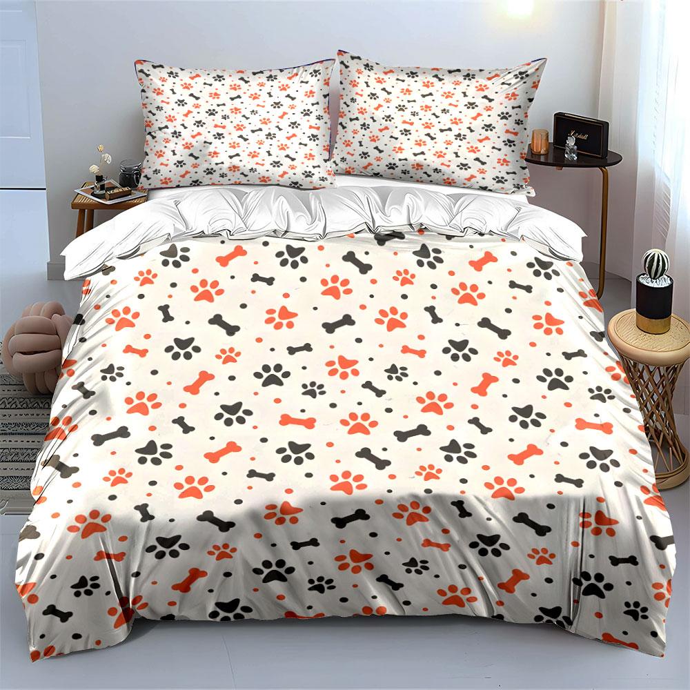 Pet Paw and Bone Print Pattern Bedding Duvet Cover Set (1*Duvet Cover 2*Pillowcases, without duvet insert)