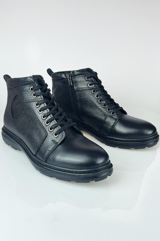 Men's Fashion Genuine Leather Thin Heeled Booties Black Zipper Cold Proof Winter Boots Shoes