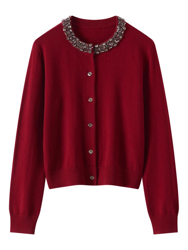 Autumn Winter Cashmere Beaded Round Neck Cardigan Sweater for Women - Warm, Loose Fit Outer Layer