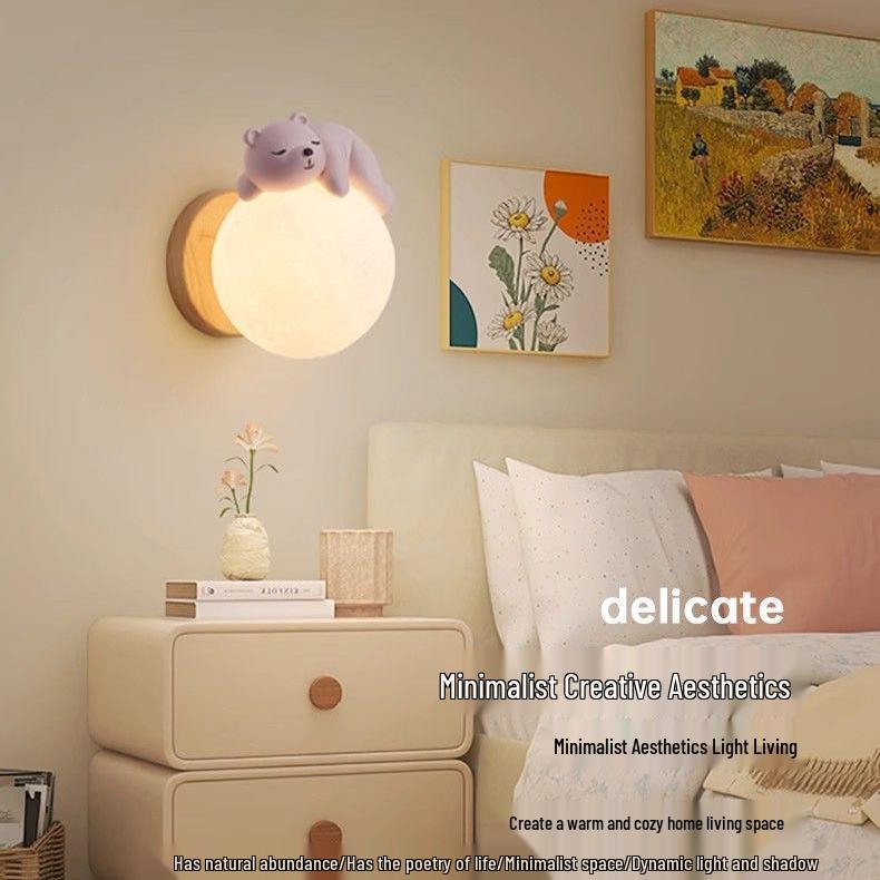Nordic Moon Astronaut Wall Light for Kids' Rooms - Creative Cartoon Bedside Lamp for Boys and Girls.