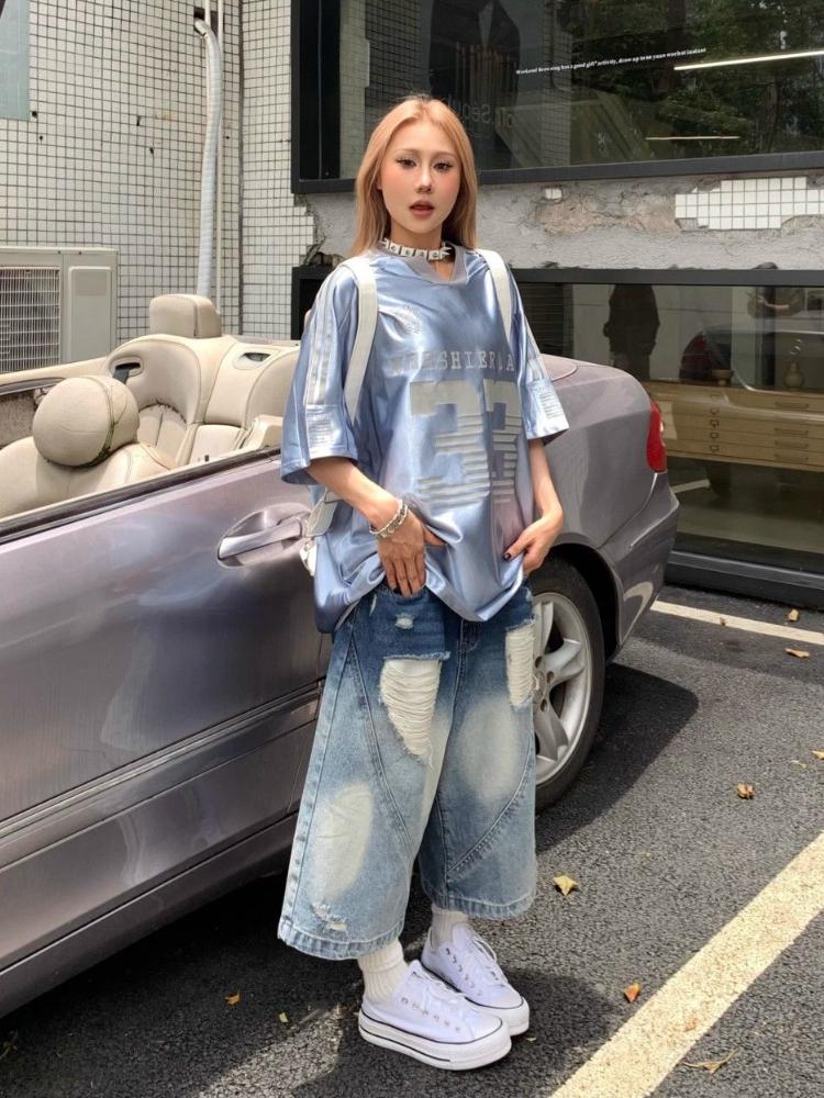 90s Plus Size American Retro Ripped Cropped Jeans Women Y2k Design Sense Shorts Loose High Waisted Straight Wide Leg Pants