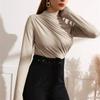 Autumn Women Long Sleeve Elastic Pure Color Going Out Tops Ruched Fashion Elegant Softy Slim Crop Top