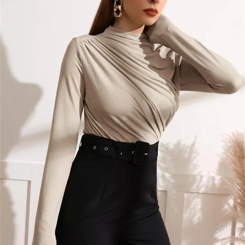 Autumn Women Long Sleeve Elastic Pure Color Going Out Tops Ruched Fashion Elegant Softy Slim Crop Top