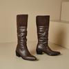 Black Brown Women Mid Calf Boots High Square Heel Small Big Size 32 48