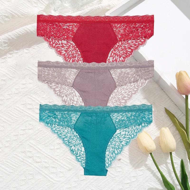 3Pcs/Set Women Sexy Lace Panties Transprant Hollow Out Low Waist Briefs Female Solid Soft Breathable Comfort Underwear Lingerie