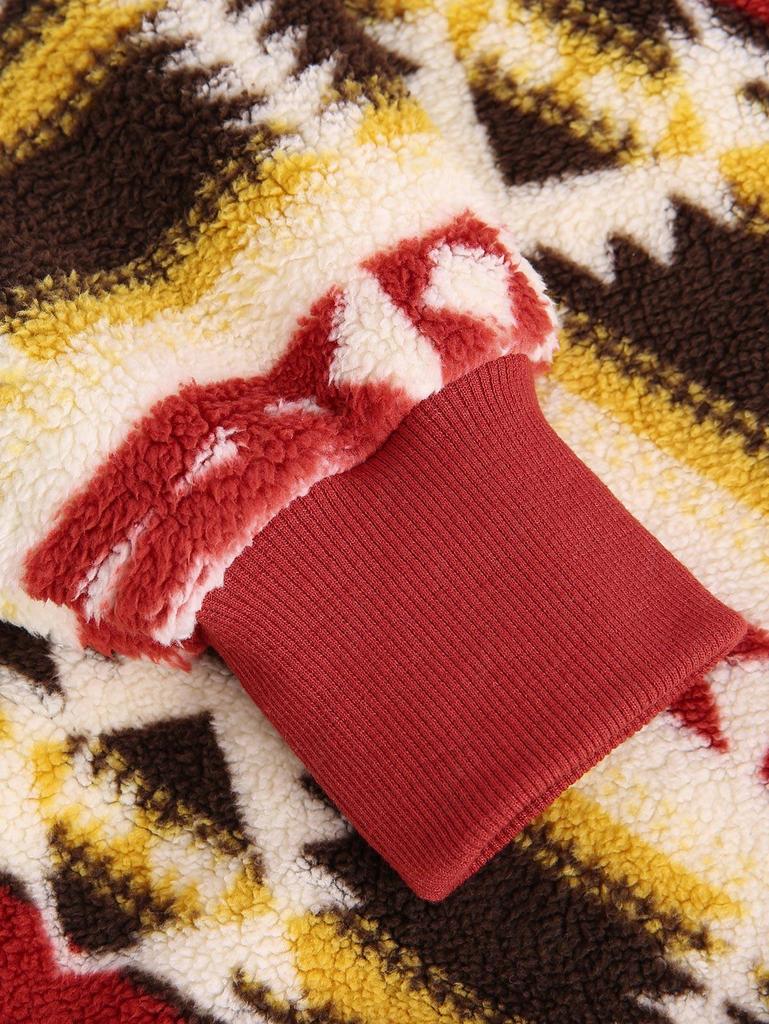 ZAFUL Женская толстовка с этническим принтом ацтеков, застежкой-молнией на короткую четверть длины, затягивающимся шнурком, отложным воротником, длинными рукавами, свободная, пушистая, плюшевая