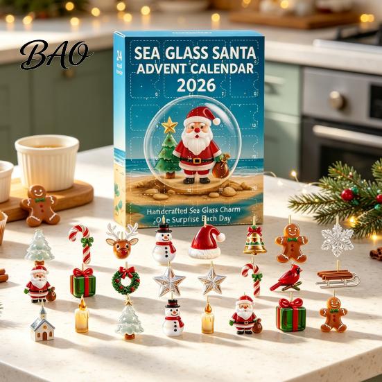 2D Sea Glass Ornament Set Christmas Advent Calendar 2026, 24 Days Acrylic Tree Bear Elk Holiday Party DIY Accessories Snowman Ornaments Countdown for