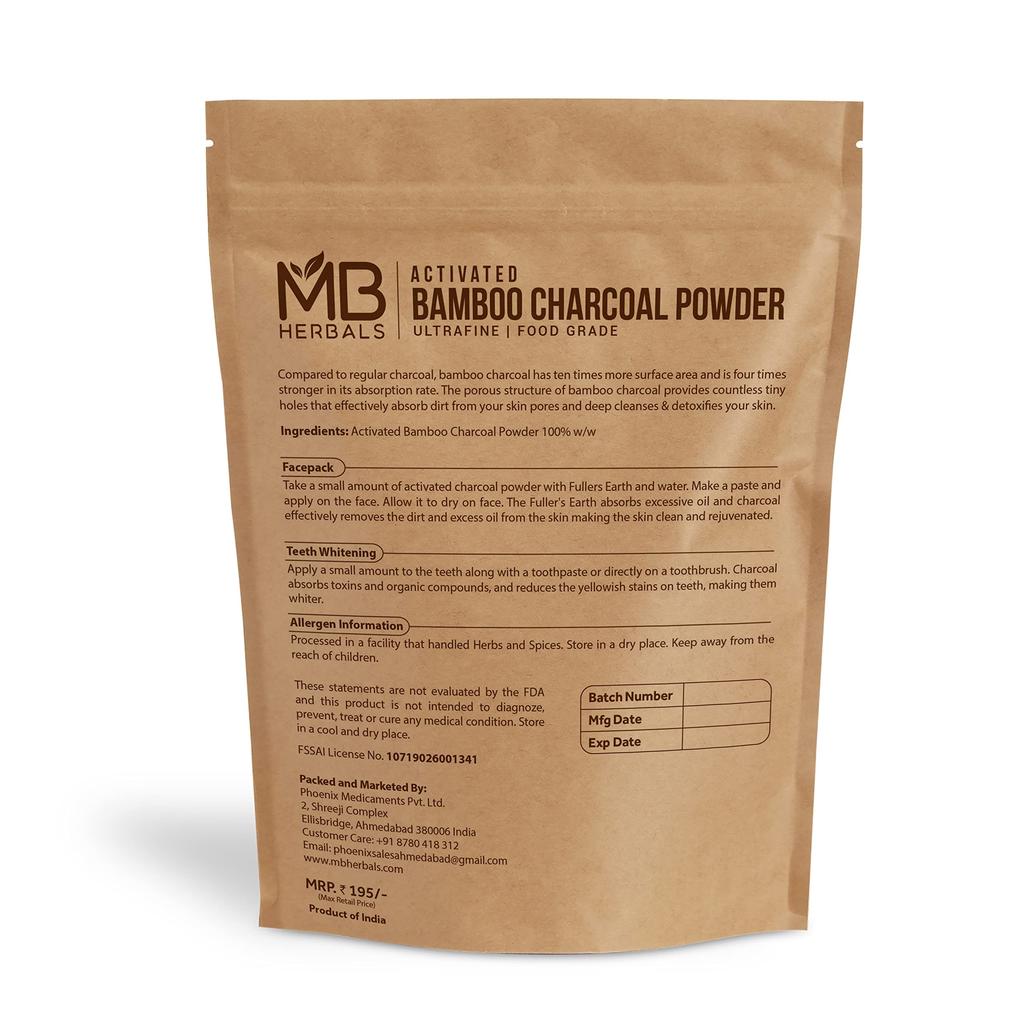 MB Herbals Активированный порошок бамбукового угля 100 г | для лица и тела | Пищевой | 100% натуральный бамбуковый уголь для глубокого очищения и детоксикации