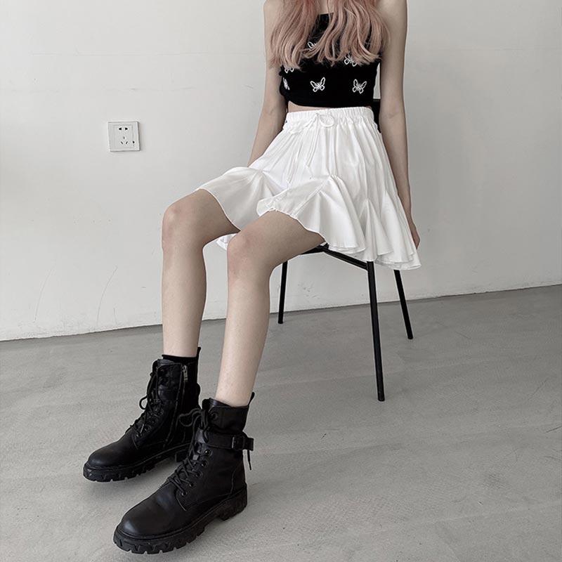 Белая плиссированная юбка с повязками для женщин, летняя мини-юбка трапециевидной формы с высокой талией, тонкая милая одежда с пышными рюшами, женская винтажная одежда