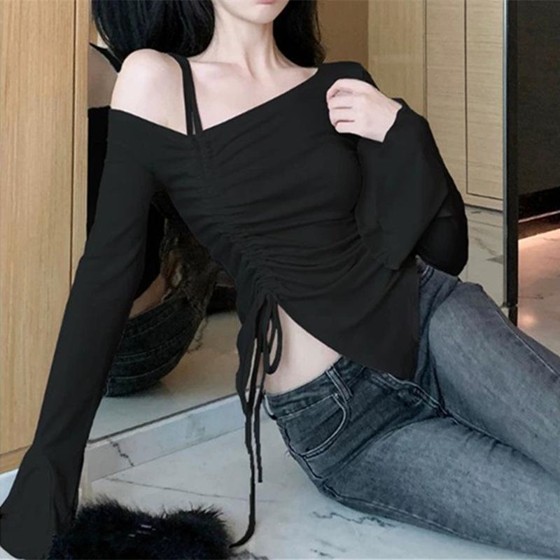 Футболка с открытыми плечами и длинными рукавами для женщин Весна Осень Необычная Облегающая Утягивающая Базовая Футболка Шикарный Топ