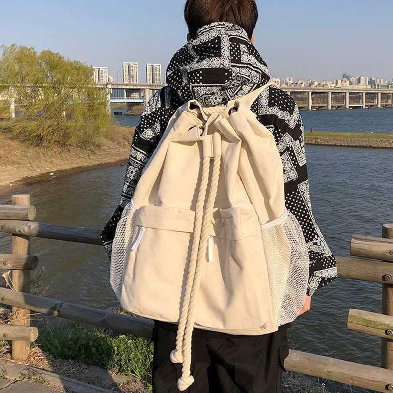 Vintage Student Women All Games Casual Backpacks Chic Cord Drawstring High Capacity Canvas Streetwear Simple Backpacks New