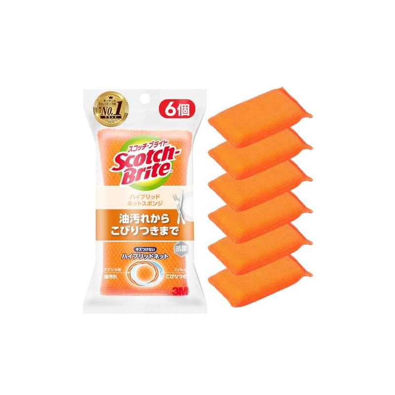 [] 3M Scotch-Brite Гибридная сетчатая губка, Губка для мытья посуды, Кухонная губка, Не царапает, Оранжевая, 6 штук