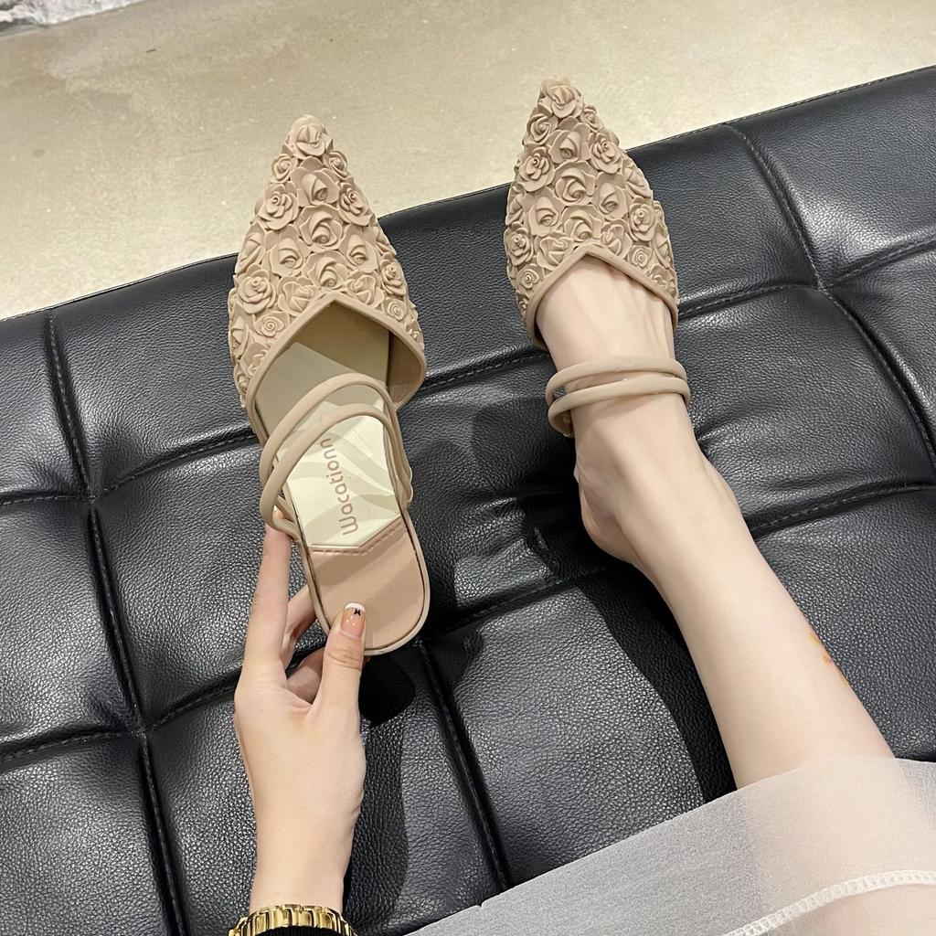 Летние женские остроносые классные тапочки, корейская версия модных моделей на низком каблуке, с юбкой в стиле феи, сумка на голову