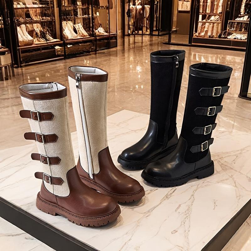 Девочки Высокие Ботинки Боковая Молния Коричневый Белый Контрастный Дизайн Круглый Носок ПВХ Подошва Зимняя Мода Размеры Для Выступлений Повседневная Носка Прочная ПВХ Подошва