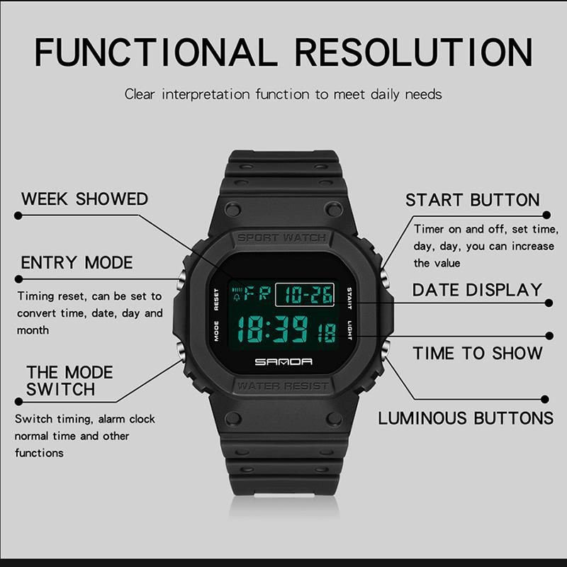 SANDA's New Square Single Display Movement Multi-functional Luminous Waterproof Outdoor Sports Student Electronic Watch