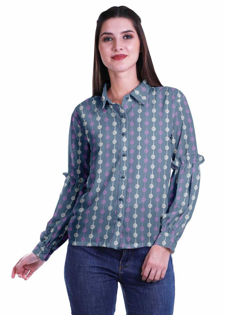 Moomaya Printed Long Sleeve Top For Women Classic CollarA  SummerA  Button Up