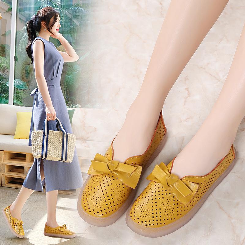 Весна/лето Женская повседневная обувь из искусственной кожи с вырезами Женские мокасины Дышащие туфли без застежек на плоской подошве с бантом Милые женские туфли