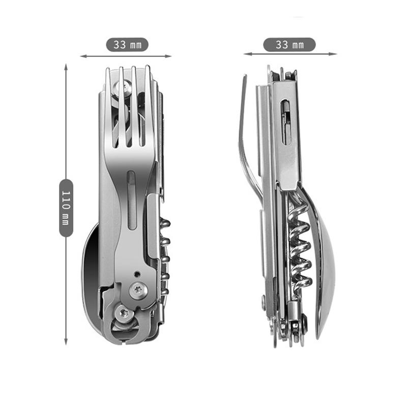 Outdoor Stainless Steel Portable Folding Tableware Knife Fork Camping Cutlery Spoon Bottle Opener Outdoor Tool Kit