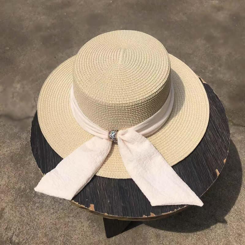 Women's Fashionable Straw Sun Hat with Floral Bow, Summer Beach and Seaside Protection