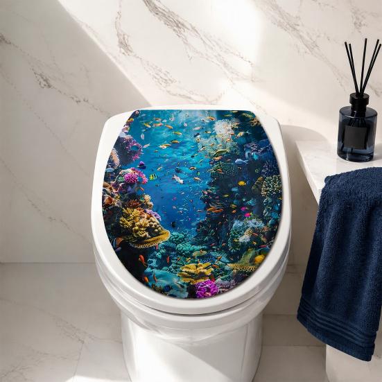 Non Fading Home Bathroom Ornaments Sea World Toilet Sticker, Easy Peel & Stick Seat Lid Washable Bowl Decorations Decal, Ocean Landscape Wall Stickers