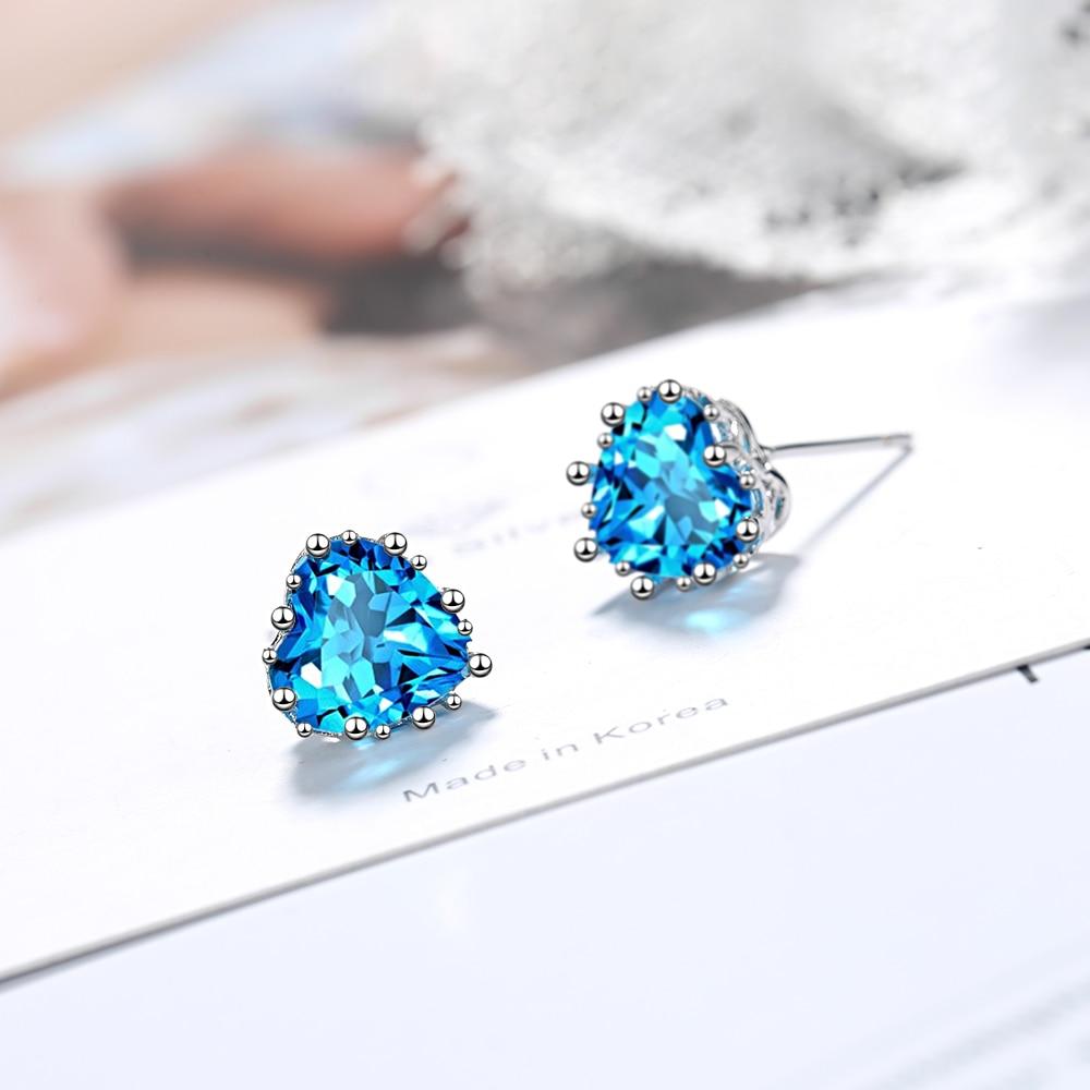 Sterling Tone Love Heart Women Ear Studs High End Female Crystal Stone Blue Cubic Zircon Stud Earrings Nuptial Wedding Occasion Celebration