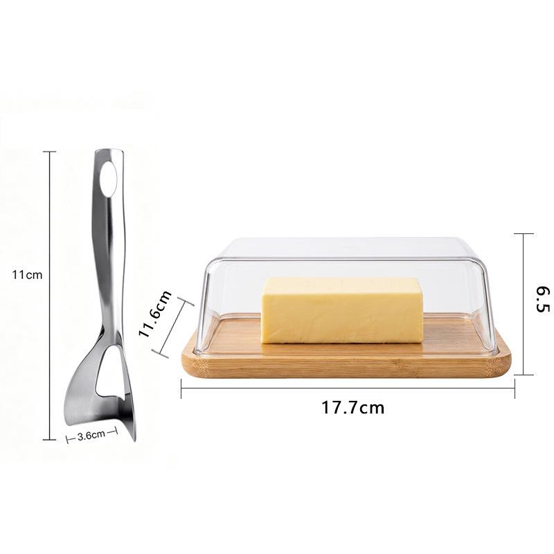 Japanese Style Transparent Cheese Butter Dish with Bamboo Lid and Cutlery