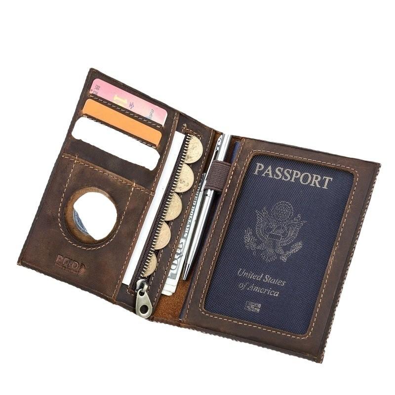 New Black Vintage Crazy Horse Leather RFID Blocking Passport Wallet With AirTag Slot, Family Couple Travel Document ID Holder