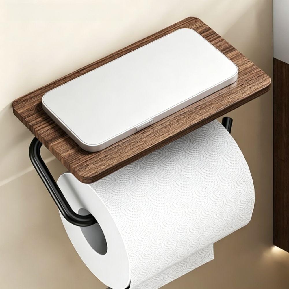 Wall Mounted Toilet Paper Holder Walnut Wood Grain Paper Towel Holder Storage Shelf Hotel Room