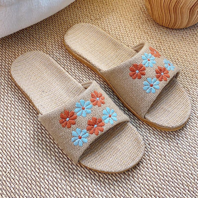 Ретро мода вышитые женские льняные тапочки