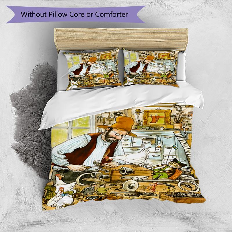 3pcs Duvet Cover Set (1*Duvet Cover + 2*Pillowcase, Without Core), Pettersson und Findus Print Bedding Set, Bedroom Decor, All‑Season, Birthday Gift