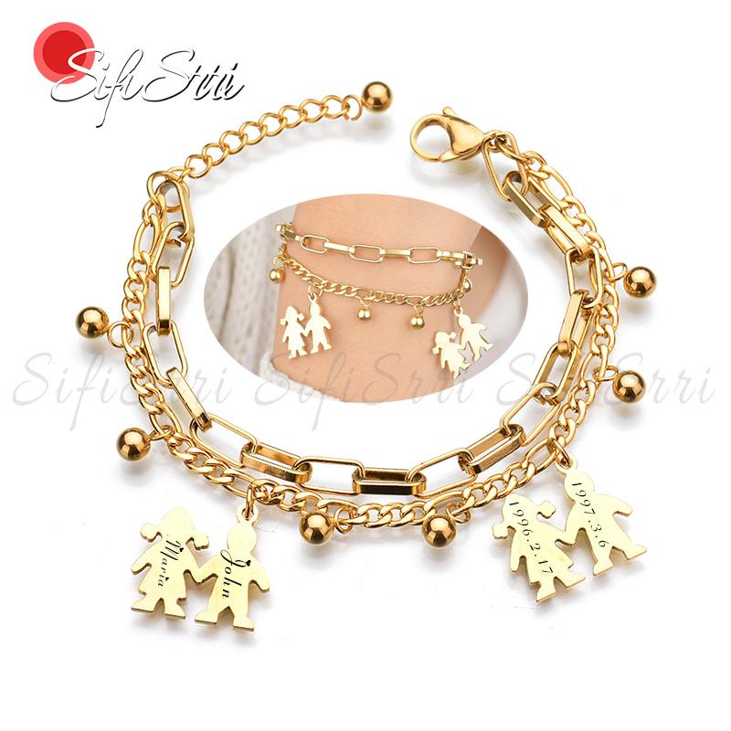 Sifisrri винтажный семейный браслет с гравировкой имени и даты для мальчиков и девочек для женщин, персонализированные ювелирные изделия из нержавеющей стали с буквами на заказ