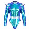 Men Halloween Alien Costume Metallic Bodysuit Color Block Mock Neck Long Sleeve Back Zip Leotard for Cosplay Stage Show