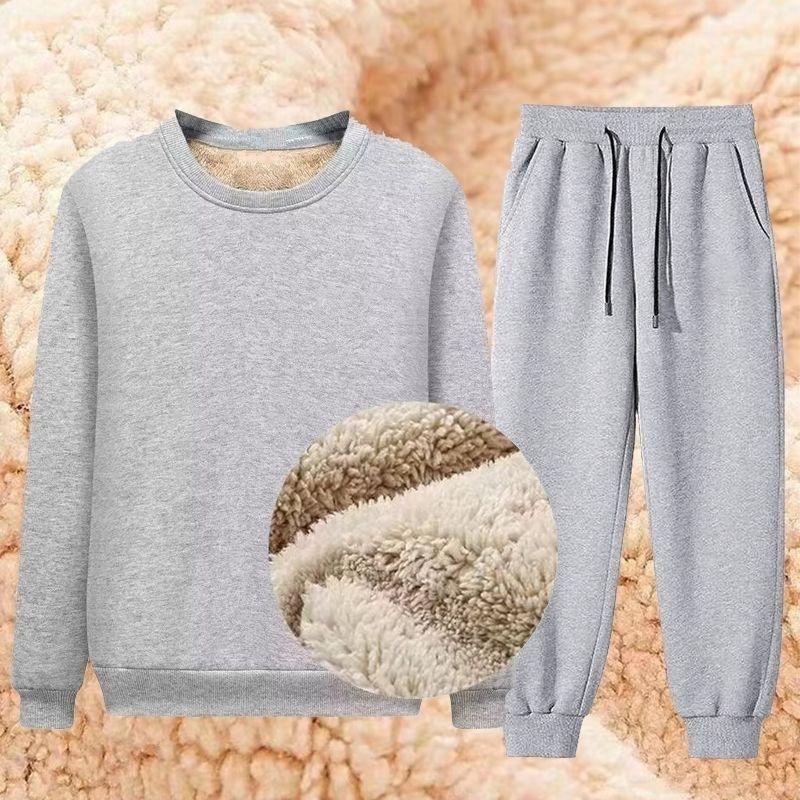 Зимний утепленный и теплый мужской костюм из овечьей шерсти, толстый бархатный свитер + брюки, костюм из двух частей больших размеров