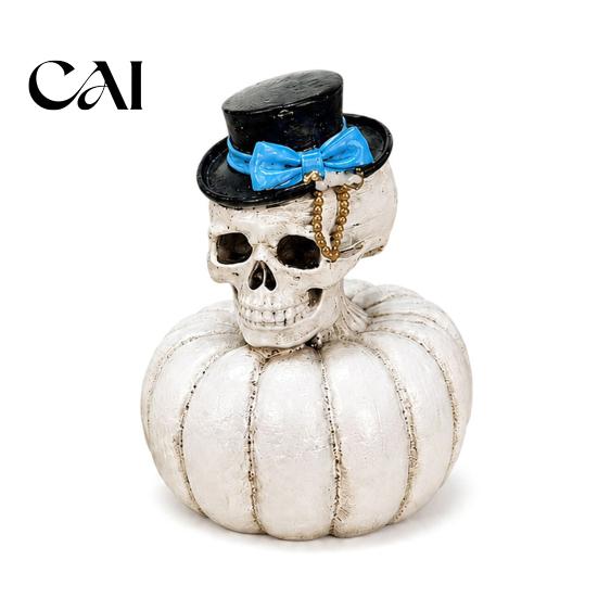 Halloween Skull Decorations Gothic Pumpkin Statue, Bride Groom Figurine, Pink Statue Bow on Ornament for Desktop Mantel Decor Unique Party Supplies