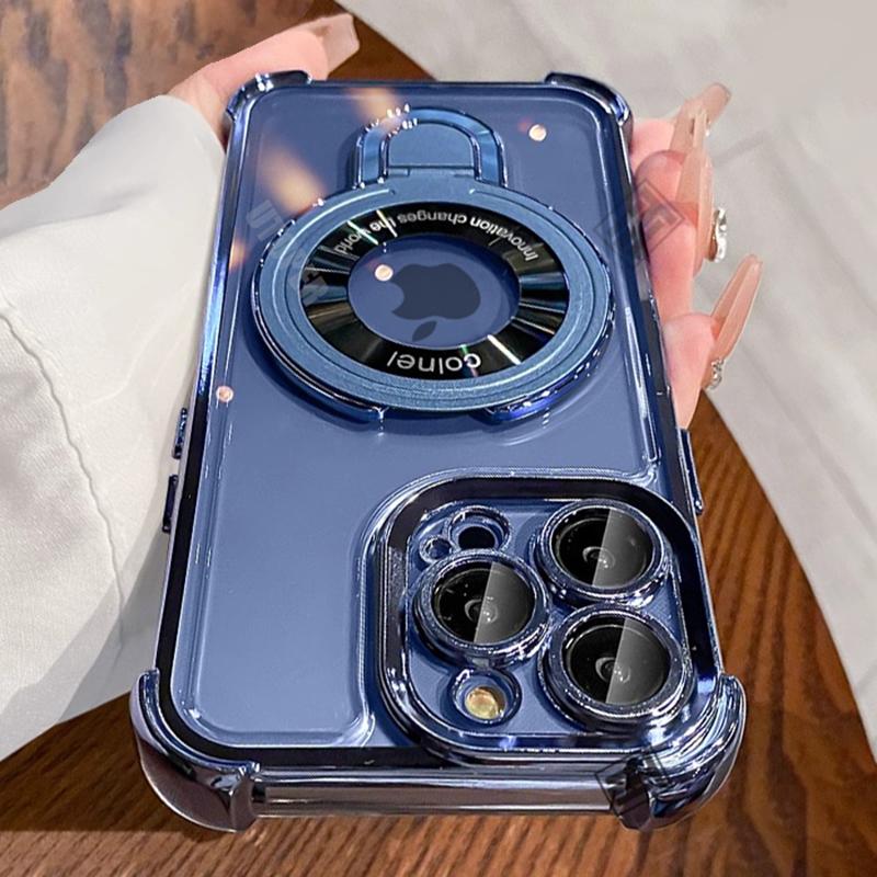 Luxury Shockproof Plating Soft TPU Bracket Phone Case for iPhone 16 15 14 13 11 12 Pro Max Plus Magsafe Magnetic Protect Cover