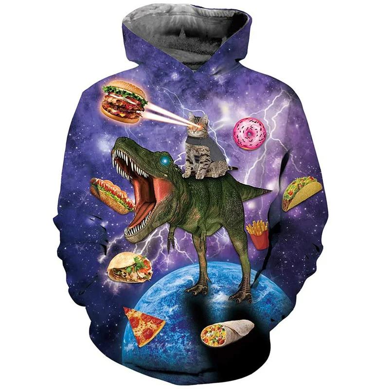 Galaxy Cat Riding Dinosaur Shark Graphic Hoodie Men Clothing Unisex 3D Print In Hoodies Women Harajuku Fashion Y2k Pullover