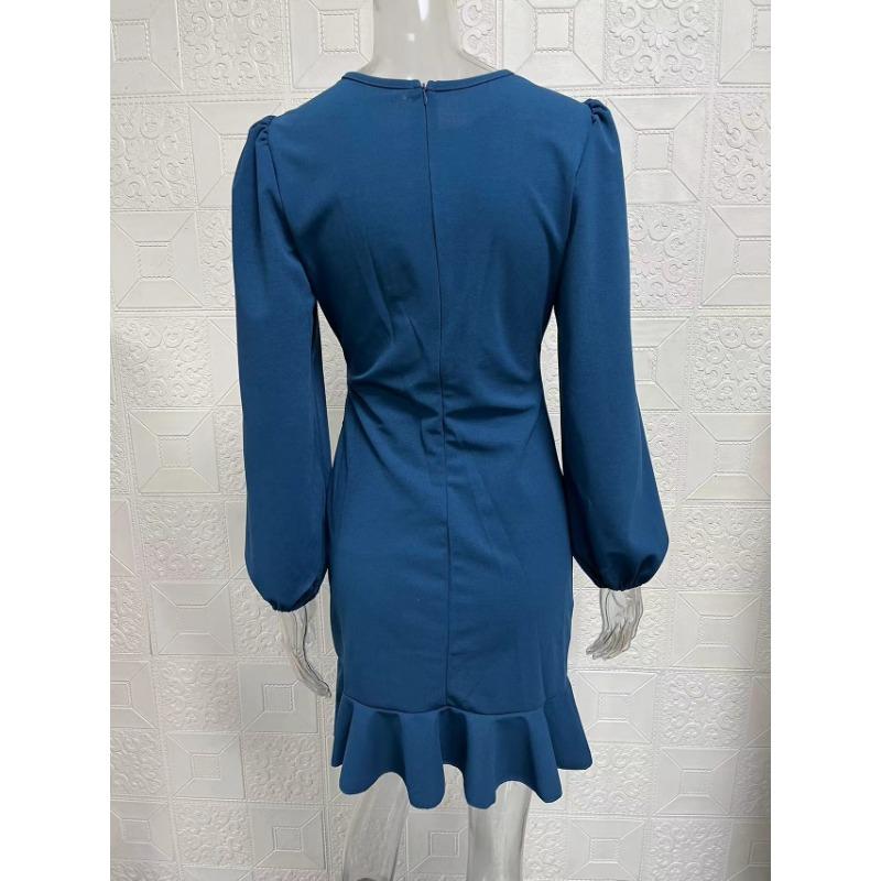 Весна-Осень Женское Платье с Рукавами-Бабочками Чистого Цвета Приталенный Покрой Облегающее Платье с Поясом