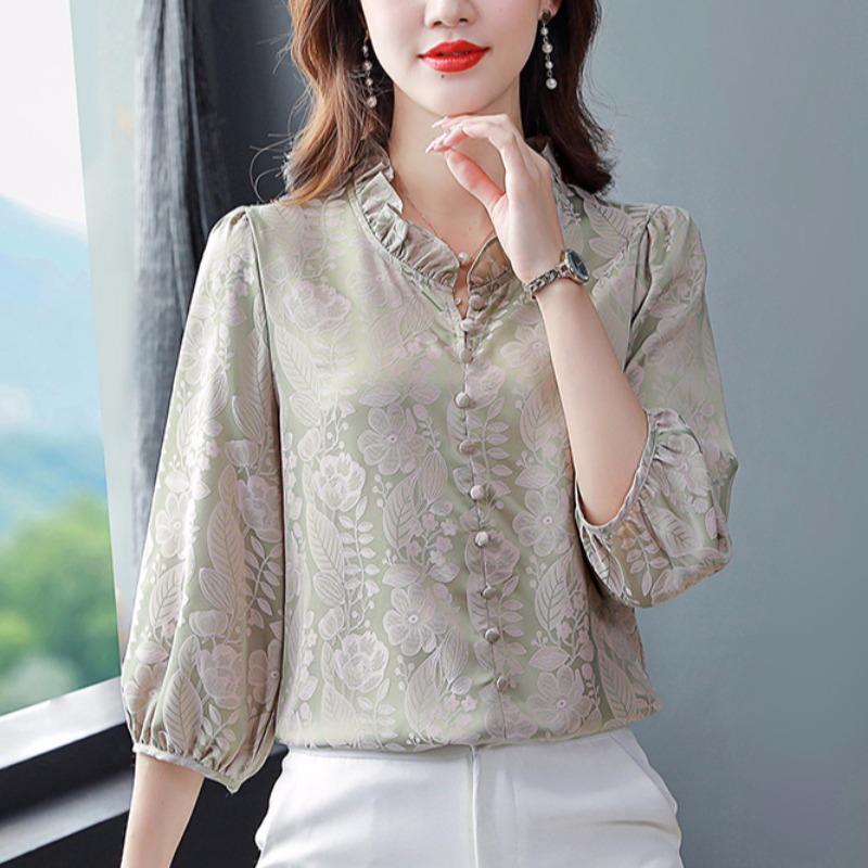 Satin T-shirt for Women In Spring with Three Quarter Sleeves Black Fungus Edge V-neck Shirt Meat Cover Shirt Blouses & Shirts