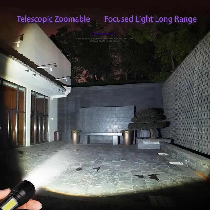 Mini LED Flashlight COB Work Light Portable Torch Rechargeable Camping Lantern Zoomable Tactical Flashlight for Camping Hiking