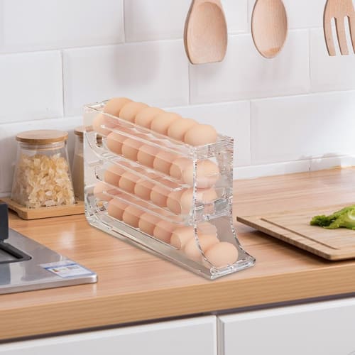 Refrigerator Egg Holder, Sliding Egg Storage Box, 4-Tier Automatic Rolling Egg Storage Shelf, Holds 30 Eggs, Egg Case, Egg Organizer, Egg Storage Case