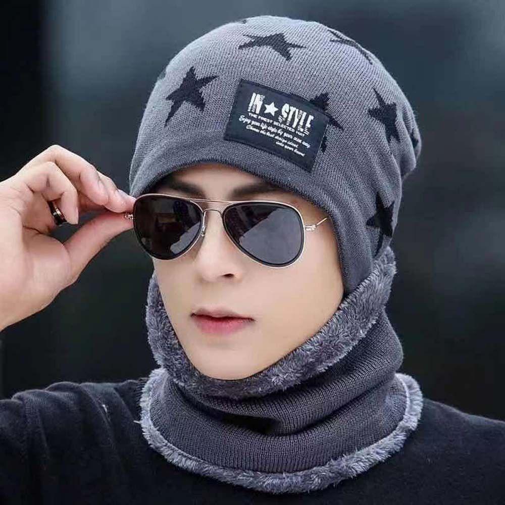 Plush Men's Beanie Cap Star Neck Scarf Hat Fashion Winter Hat Scarf Set Female/Male