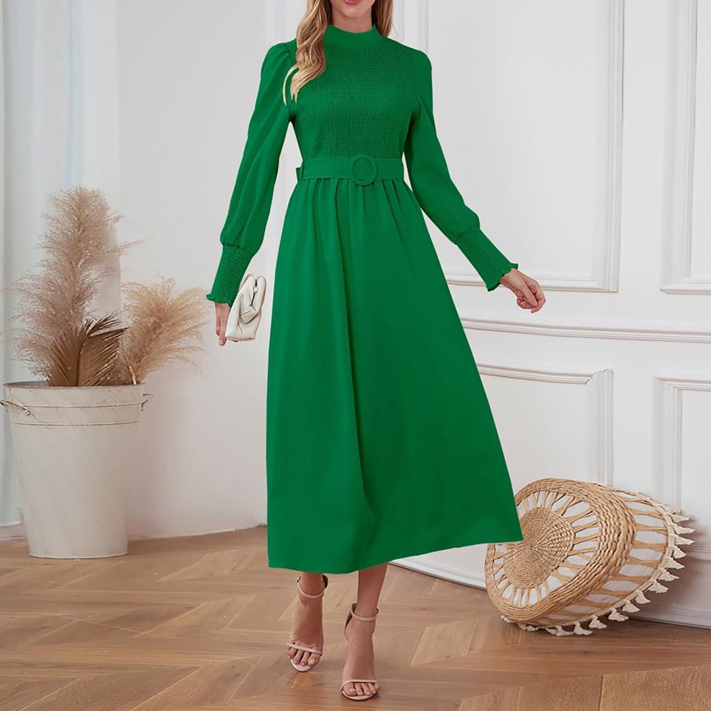 Женское сплошное цветное высокое круглое большое свободное платье с длинными рукавами, облегающее длинное платье