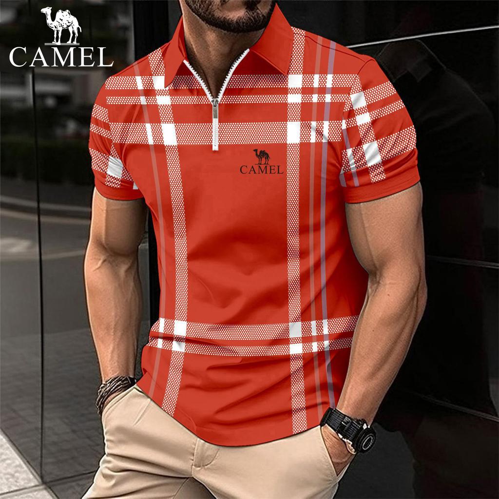 Camel 2024 летняя мужская клетчатая полосатая рубашка-поло на молнии со спортивной вышивкой, брендовая рубашка-поло больших размеров