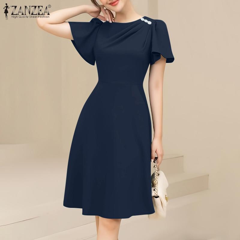 ZANZEA Женское повседневное свободное летнее платье с круглым вырезом и коротким рукавом