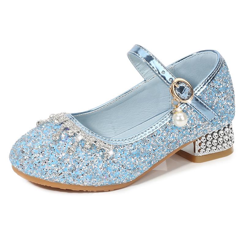 Princess Girls' Sequined High Heels - Soft, Non-Slip Leather Shoes for Spring and Autumn