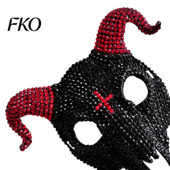 Light Luxury Skull Mask Halloween Rhinestone Full Face Mask, Black White Ram Horn Crystal Studded Masquerade Sparkly Glitter Party for Adults